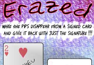 Cover of Erazed, an amazing trick by Mathieu Bich where a signe card change with the signature on it